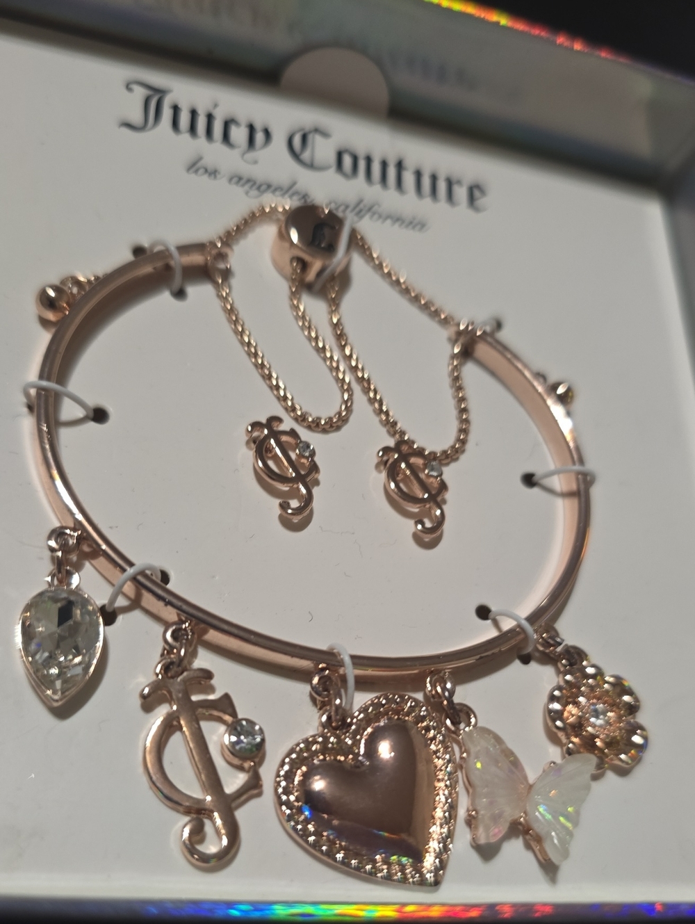 🧚‍♀️Juicy Couture Rose Gold Charm Logo Adjustable Cuff Bracelet Earring Set NIB